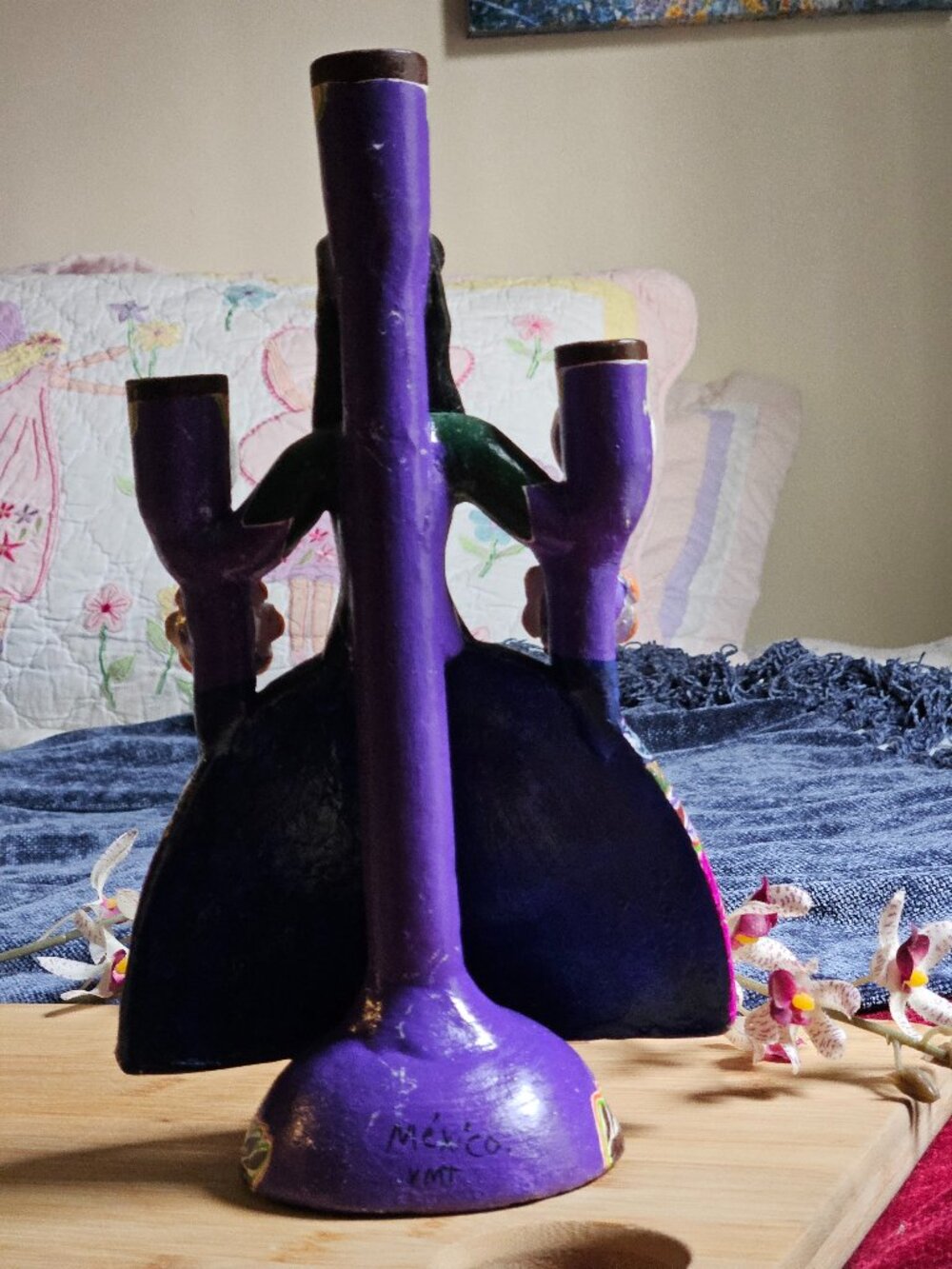 VINTAGE OAXACAN CLAY 3 CANDLE CANDELABRA WOMAN SIGNED BY ARTIST - Picture 6 of 9
